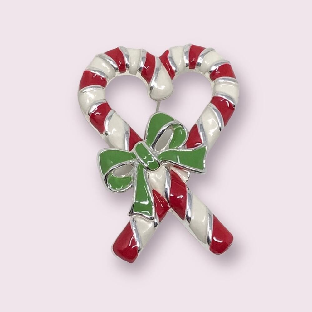 Enameled Candy Cane Pin Heart Shaped Holidays